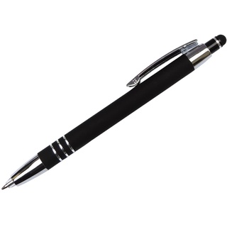 Schwarze Eleganter Kugelschreiber mit LED-Licht (leuchtender Spitze) Soft-Touchpen für Handy oder Tablet mit SOFORTGRAVUR + VORSCHAU: Gravur inklusive + Geschenkverpackung