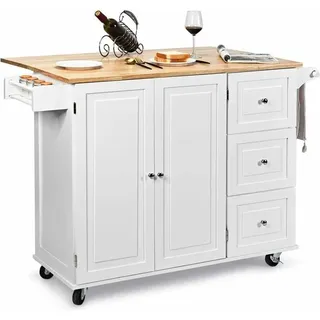 Küchenwagen rollbar, Kücheninsel mit Handtuchhalter, aus Holz, Servierwagen, Mikrowellenwagen 135x76x91cm Weiss - Costway