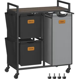 VASAGLE Wäschekorb 3 Fächer, kastanienbraun-tintenschwarz-taubengrau