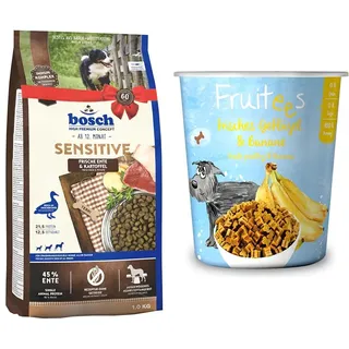 Bosch HPC Sensitive Ente & Kartoffel | Hundetrockenfutter für ernährungssensible Hunde Aller Rassen 1 x 3 kg + Bosch Fruitees frisches Geflügel & Banane 4 x 200g | ohne Getreide