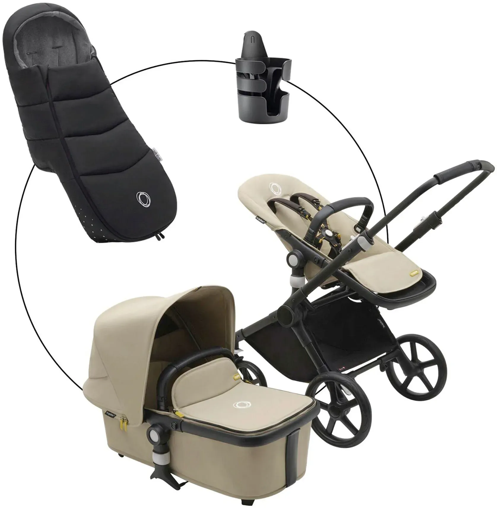 Bugaboo Cub Kombikinderwagen Trio-Set inkl. Fußsack und Getränkehalter, schwarz | beige