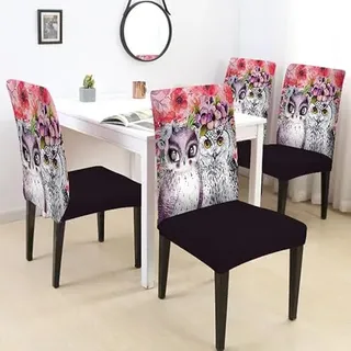 Stuhlhussen mit Eulen-Motiv, elastisch, waschbar, Stuhlhussen für Esszimmerstühle, 4 Esszimmerstuhlhussen für Hotel, Restaurant, Hochzeit, Stuhlhussen (4er-Set)