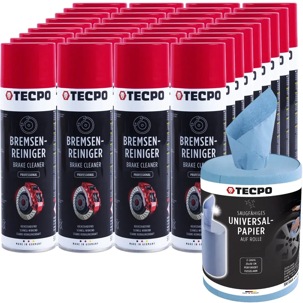 36x TECPO Bremsenreiniger Universal Reiniger, 500 ml + Putzrolle...