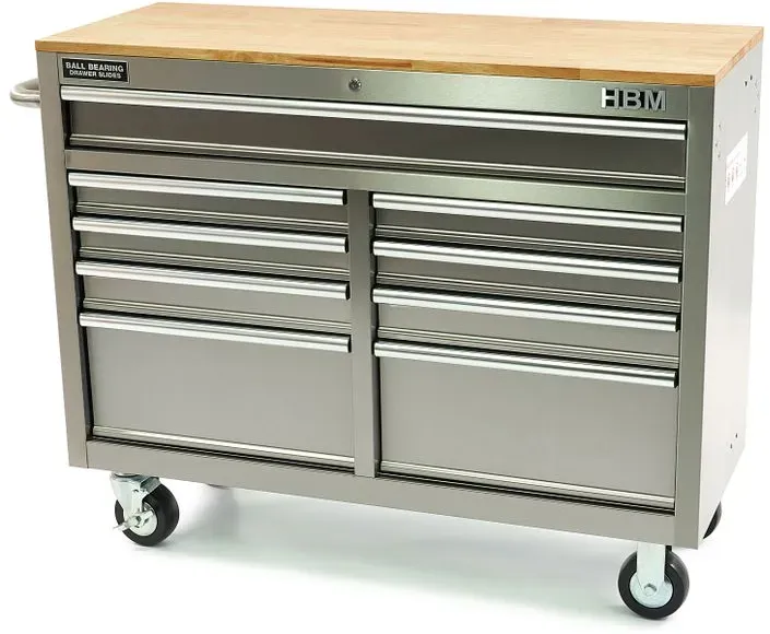 HBM fahrbarer Werkzeugwagen mit Holzarbeitsplatte, 117 cm, Edelstahl