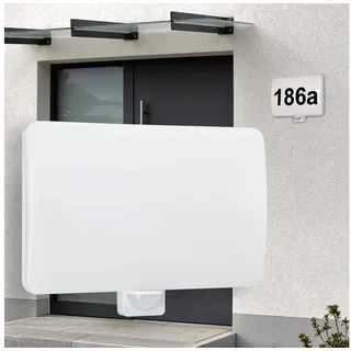 max K O M F O R T LED Hausnummernleuchte MAXOR Weiß IP65 – 20W Außenleuchte mit Bewegungsmelder & 1600lm – Inkl. Ziffernaufkleber 0–9 A–C, 4000K Neutralweiß