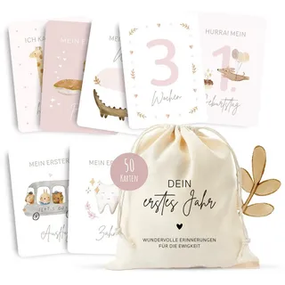 MeinBaby123 MeinBaby123® Meilensteinkarten "Dein erstes Jahr" | Meilenstein Karten Set Geschenk zur Geburt | Fotokarten für das erste Jahr | 50 Karten Inkl. Baumwollsäckchen (rosa)