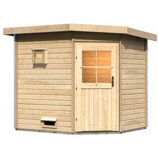 Karibu Gartensauna Pultdach Saunahaus Mikka mit Eckeinstieg-Ohne Ofen-Klassische Saunatür (Klarglas) inkl. gratis Saunaofen im Wert von 599,99 € - 50% Rabatt auf Dacheindeckung