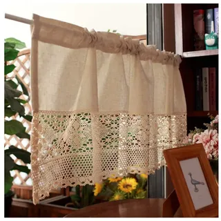 Siunwdiy Scheibengardinen küche Häkeln Vintage Beige Bistrogardinen Landhausstil Spitze Cafe Vorhang Baumwolle Leinen Kurzstore Gardine / 1 Stück,W200cm×H60cm