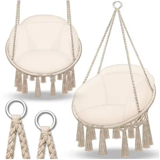tillvex Hängesessel Beige mit großem Kissen 200kg zum Aufhängen Hängestuhl Indoor & Outdoor Hängekorb wetterfest Schaukelkorb - Tillvex