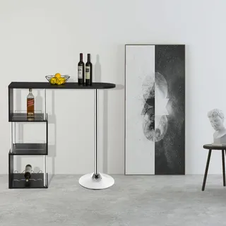 Woltu S-förmiger Bartisch mit Stauraum, Stehtisch mit Weinregalen, Bistrotisch aus Metall & Holz, Bartresen Stehtisch für Küche Bar Wohnzimmer, 113 x 40 x 105 cm, Schwarz