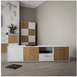 FORTE Lowboard 3 Türen, Schublade, Weiß/ Lamela Eiche Dekor - 182,9x50,3x40cm (BxHxT)