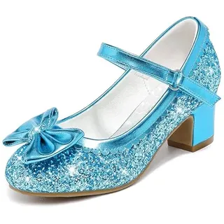 LAURMOSA Prinzessin Schuhe Mädchen 27 Stöckelschuhe Kinder High Heels Blau Pumps mit Riemchen Schleife Festliche Mary Jane Schuhe Glitzer Mädchen Absatzschuhe Kinder Glitzerschuhe (EUL1036SeBlue 10) - 27 EU