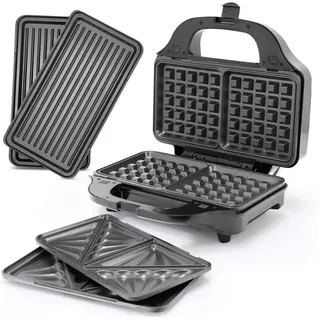 Rosenstein & Söhne 3in1-Sandwichmaker, Waffeleisen & Tischgrill, Anti-Haft, 800 Watt
