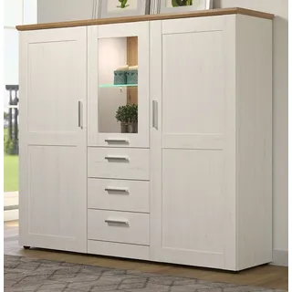 Furn.Design Highboard Cloud (Vitrinenschrank in Pinie weiß Landhaus mit Eiche Artisan, 160 x 140 cm), mit 10 Fächern weiß