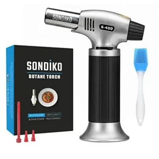 SONDIKO Flambierbrenner Crème Brûlée Bunsenbrenner Grillanzünder Lötbrenner nachfüllbar, (Premium vielseitiger Küchenbrenner, ideal für Küche und Outdoor., Gasbrenner inkl. Silikon-Küchenpinsel, vielseitig), Sicherheitsschloss verhindert versehentliches Zünden grau|silberfarben