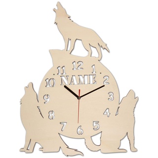 Wolf Wand Tier Uhr Geschenk Deko Modell individuell personalisiert mit Namen und optional mit Farbe