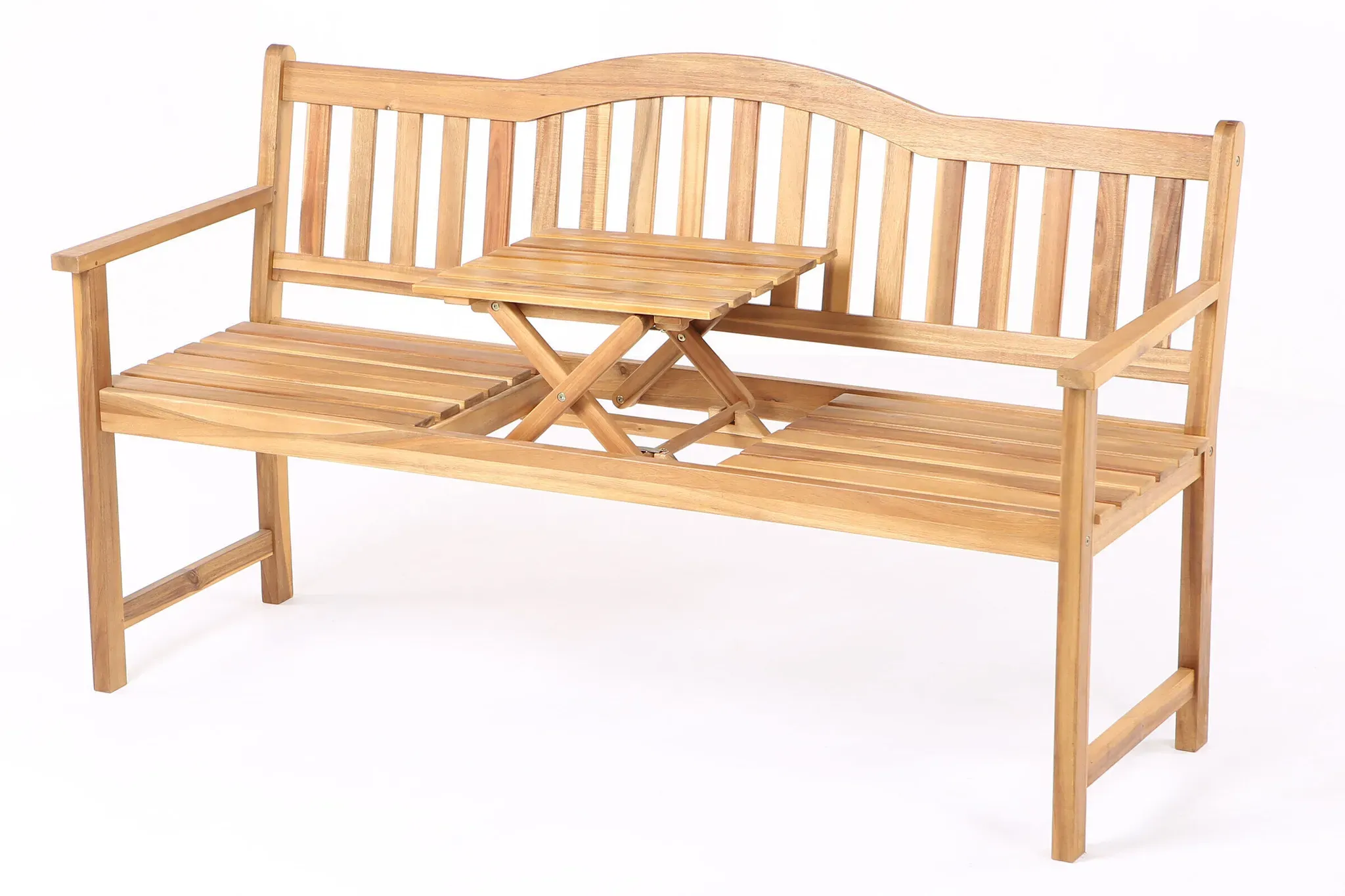 VILLANA Gartenbank, Teakoptik, Akazie, 152 x 59 x 86 cm, 2-3 Personen, Klapptisch-Funktion, FSC®-zertifiziertes Produkt