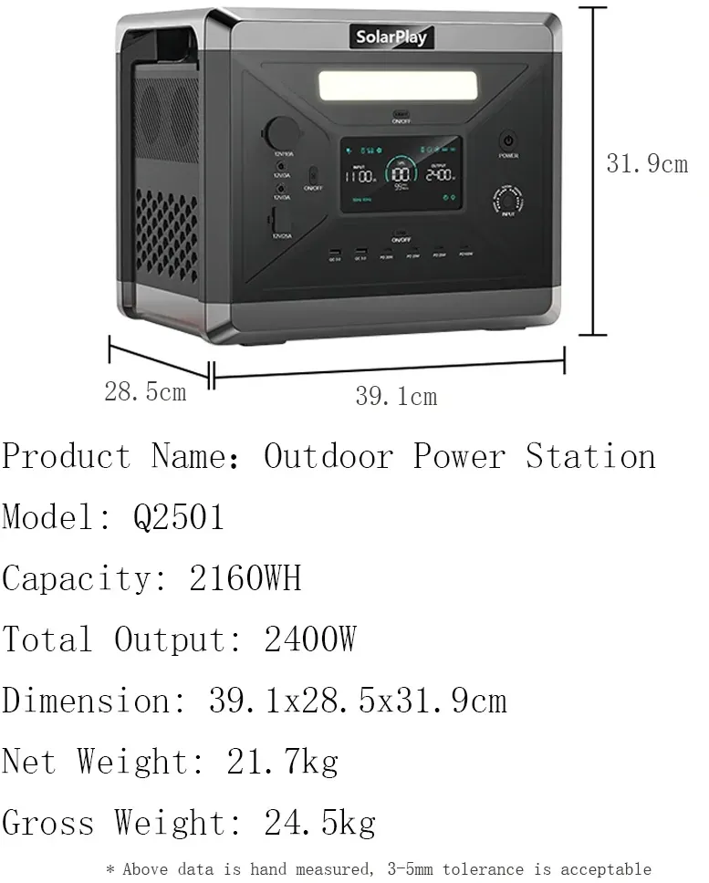 SOLARPLAY Q2501 Q2402M tragbares Kraftwerk 2160WH 2304WH LiFePO4-Batterie mit 2400W/2500W (4800W Peak) Solargenerator