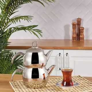 KARACA Adelya Mini Teekannen-Set aus Metall, Teekanne 0,65 Lt + Teekannendeckel Trinker 1,1 Lt Türkische Teekocher, Edehlstahl, Induktionsgeeignet, Spülmaschinengeeignet, Teapot, Caydanlik