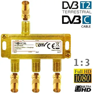 TronicXL 3-Fach Gold Koaxverteiler Antennenverteiler Verteiler Koax Buchse TV Splitter
