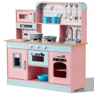 Vevor Spielküche mit Lichtern und Geräuschen, Kleinkinderküche mit Eismaschine, Ofen, Spüle, Mikrowelle, Kühlschrank und Utensilien- und Obstzubehör für Kleinkinder ab 3 Jahren, Pink