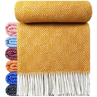 STTS International Wolldecke 100% Schurwolle Wohndecke in versch. Farben 140 x 200 cm Tagesdecke Schurwolldecke Woll-Plaid Tirol (Senf, 140 x 200 cm)
