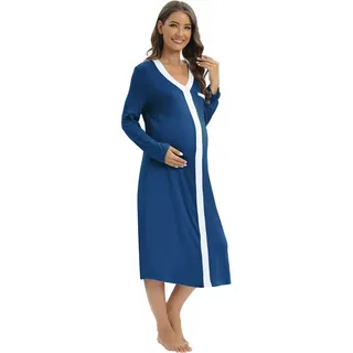 Balems Umstandsnachthemd Stillnachthemd mit Knopfleiste, Damen Lang-/Kurzarm Umstandskleid V-Ausschnitt Geburtskleid Nachtkleid mit Tasche, S-2XL - S