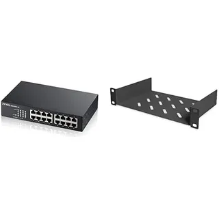 Zyxel 16-Port Gigabit Ethernet Unmanaged Switch - Design ohne Lüfter[GS1100-16v3] & DIGITUS Fachboden - 1HE - 10-Zoll (254 mm) - Für Netzwerk-Schrank - 150 mm Tief - Perforiertes Stahl-Blech - Schwarz