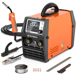 HITBOX Fülldraht Schweißgerät ohne Gas, 200A 230V Fülldraht Schweißgerät 4-in-1 Funktion Gasloses MIG-Schweissgerät/ARC/MMA/Lift WIG/Spool Feeder(HIM200)