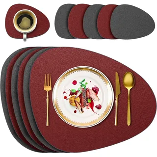 6er Set Tischsets Abwaschbare mit Untersetzern, Doppelseitige Platzdeckchen Lederoptik wasserdichte Platzsets für Esstisch, Küche, Restaurant & Zuhause (Rot)