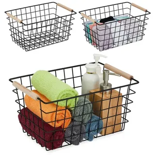 relaxdays Drahtkorb mit Holzgriffen 3er Set (3 St., 3er Set), schwarz braun|schwarz