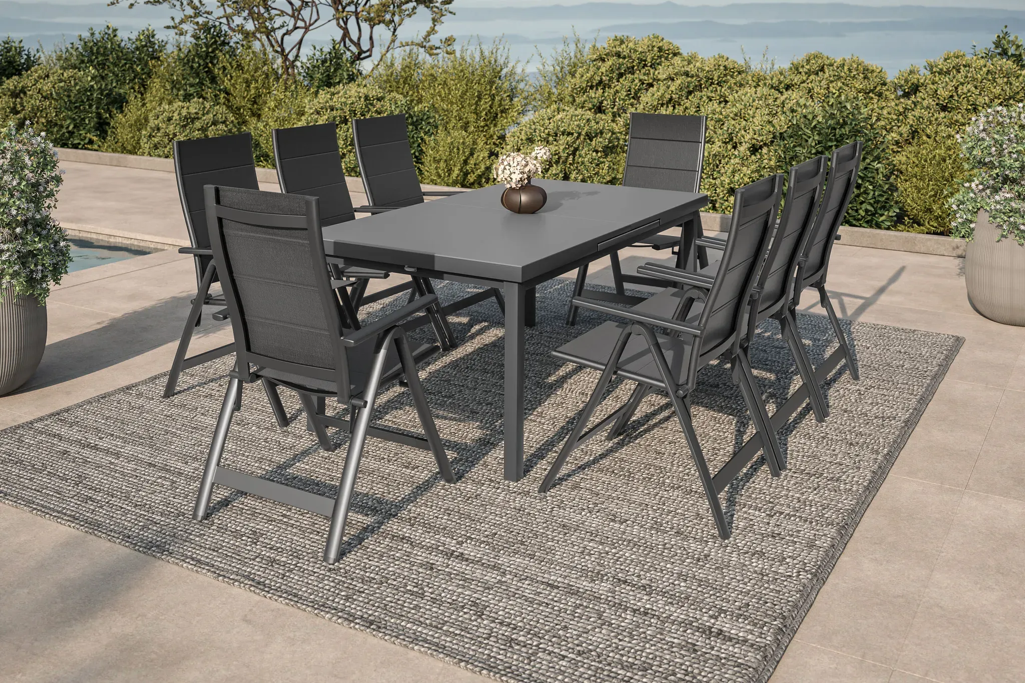 OUTFLEXX Premium Garten-Essgruppe für 8 Personen, anthrazit/grau, Alu/Sicherheitsglas, Tisch ausziehbar, Stühle klappbar, UV-beständig