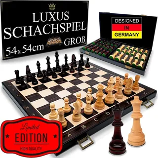 APEQi® LUXUS SCHACH - großes Schachspiel Holz HOCHWERTIG - [54x54cm], Massivholz, 2 EXTRA-Damen, Geschenkidee - klappbares Schachbrett aus Holz g...