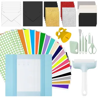 Zinueen Starter Kit für Cricut Joy Xtra, Extra Bundle für Anfänger mit 17 Farbe Smart Vinyl Permanent 24x31cm, 3 Transferfolie, Insert Cards set, Vinyl Basiswerkzeuge Kit, Roller Vinyls Making Bundle