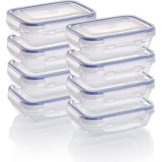 GRIZZLY Kunststoff Frischhaltedosen Set, 8x Vorratsdosen mit Deckel, flach, rechteckig, stapelbar, mikrowellen- und spülmaschinenfest