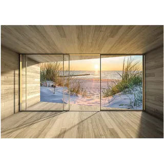 WallArena Fototapete 3D Effekt Fensterblick Nordsee Fenster Strand Meer Modern Wohnzimmer Schlafzimmer Wandtapete Vlies Tapete UV-Beständig Montagefertig (416x254 cm - 4 Bahnen)