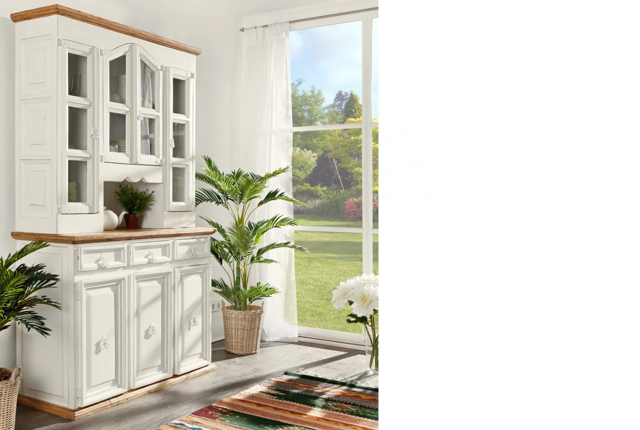 Buffet Büffet Vitrine Anrichte Küchenmöbel MEXICO Weiß / Honig, Landhausstil mexikanisch, Massivholz, Shabby Chic
