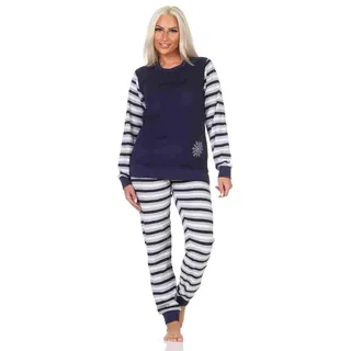 normann Geringelter Damen Frottee Schlafanzug Langarm Pyjama mit Eiskristall, Farbe:Navy, Größe:36-38 - 36-38