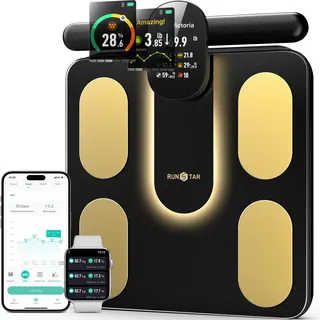 RunSTAR Körperfettwaage, Digitale Personenwaage mit 8 Elektroden für Körpergewicht und Körperfett, BMI, Muskelmasse und Analyse von 28 Körperparametern, mit Vollfarb-TFT-LCD am einziehbaren Griff