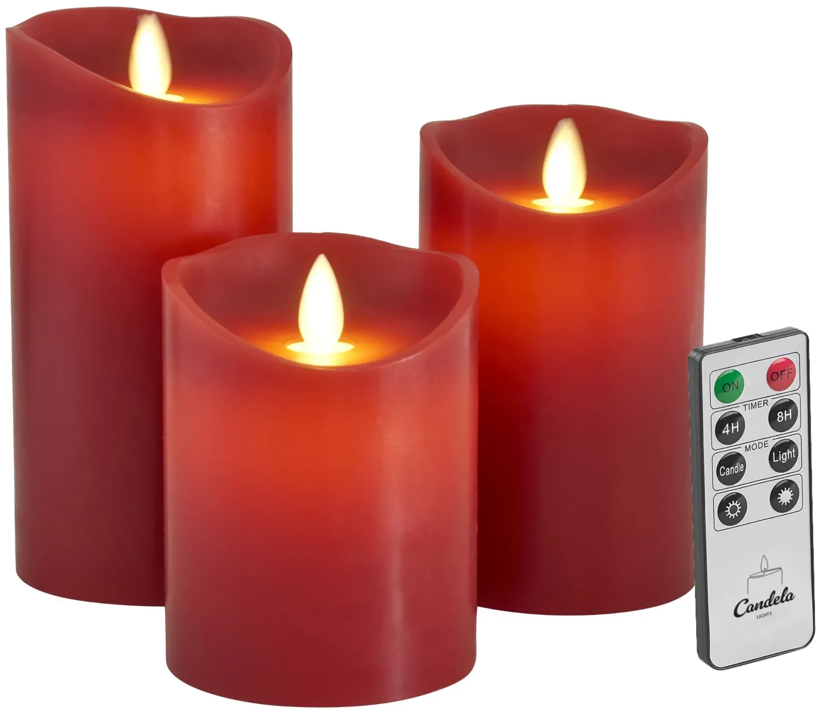 Candela Lights LED Kerzen 3er Set Stumpenkerze rot Echtwachs mit Fernbedienung Timer Funktion & mehrstufig dimmbar bewegliche Flamme Echtwachskerzen