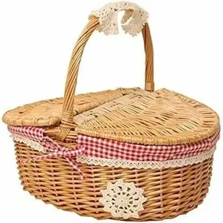 SNQ - Picknickkorb aus Weide mit Deckel – Landhausstil mit rot-weiß kariertem Baumwollfutter – Präsentationskorb für Picknicks und Partys