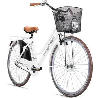 Bergsteiger Amsterdam 26 Zoll Damenfahrrad, ab 140 cm, Korb, Fahrrad-Licht, Mädchen-Fahrrad mit Rücktrittbremse, Hollandrad im Retro-Design - Weiß