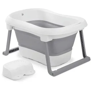 hauck Faltbare Babybadewanne mit Hocker Wash N Fold L für Babys & Kleinkinder ab Geburt bis 18 kg, Ablaufstöpsel mit Farbwechsel bei Hoher Temperatur, Weiche Materialien, 80 x 56 x 44 cm (White Stone)