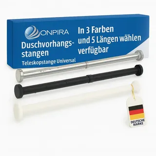 Onpira® Duschstange ohne Bohren – Rostfreie Duschvorhangstange & Gardinenstange zum Klemmen | 5 Längen 40–230 cm | 3 Farben: Schwarz, Weiß & Edelstahl | Starker Halt bis 15 kg