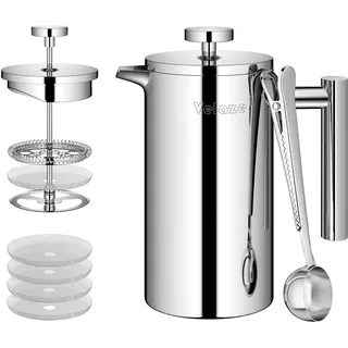 Velaze French Press Edelstahl Kaffeebereiter, 350ML Kaffeezubereiter für 2-3 Tassen, Doppelwandige Französische Kaffeepresse, Elegantes Design, Kaffeekanne mit 5 Edelstahlfilter und 1 Löffel