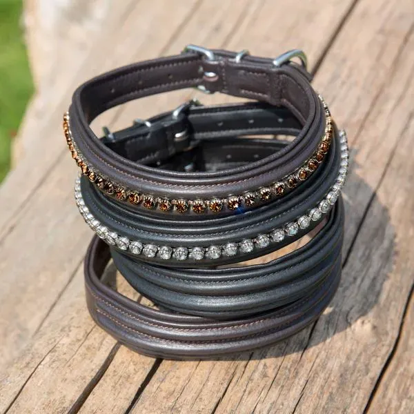 Kieffer Hundehalsband Ultrasoft Fashion schwarz, doppelt bombiert mit Kette aus hellgrauen Kristallen, Größe Hundehalsband: 47cm