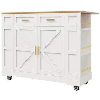ABRIHOME Kücheninsel in Weiß mit Holzmaserung Stauraum und Stretchfunktion | Gr.: onesize