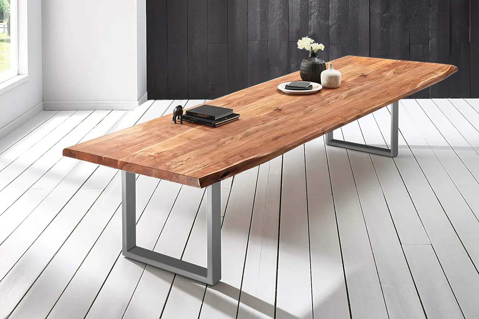 Baumkantentisch Esstisch Akazie Natur 320 x 120 cm silber Valin