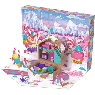 POLLY POCKET Adventskalender mit Polly Pocket Puppe, Lebkuchenhaus-Spielset zum Selbermachen mit 24 Überraschungen, Puppenhausmöbeln und Weihnachtszubehör,