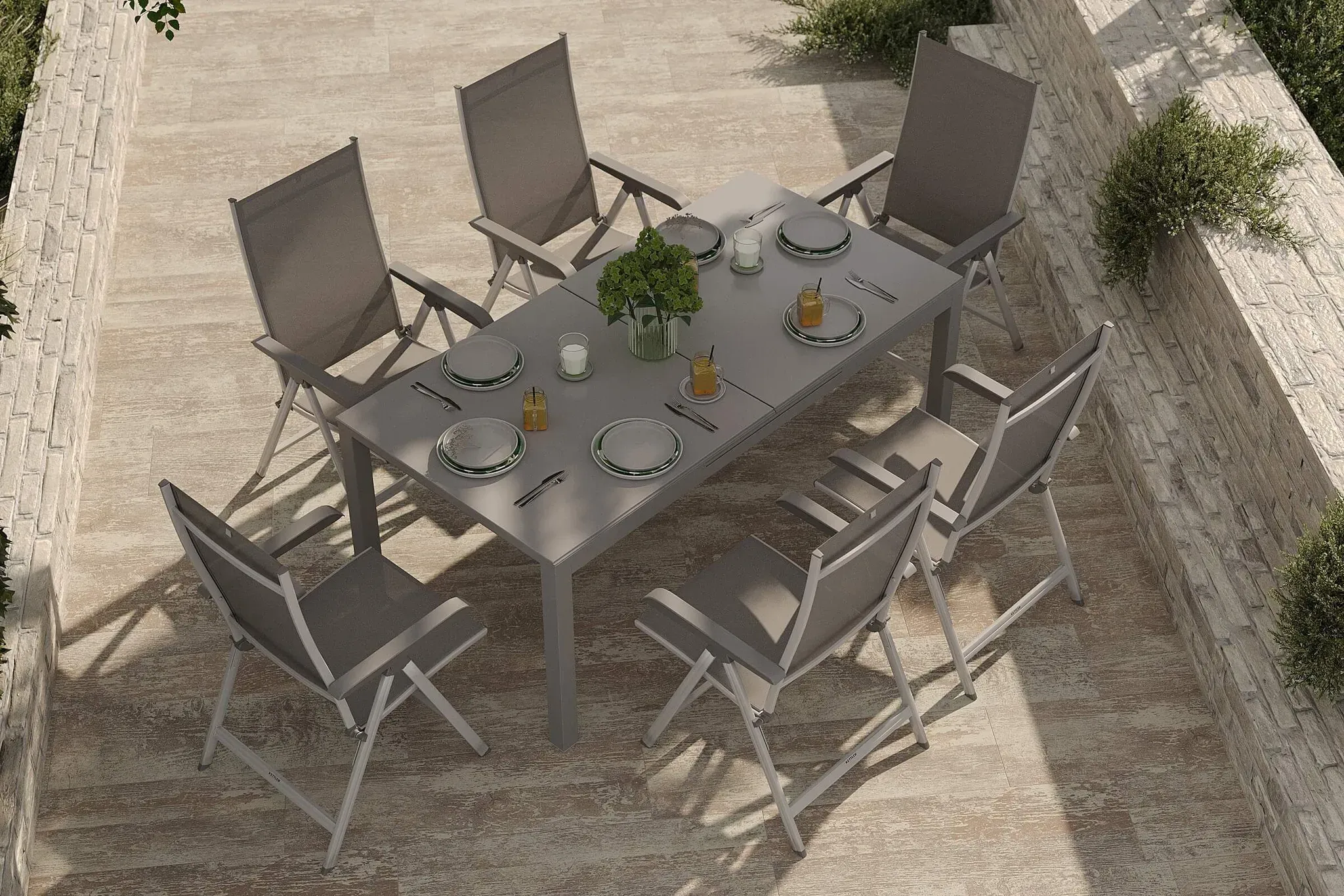 KETTLER Basic Plus Garten-Essgruppe, silber/anthrazit, Alu/Textilene, 180/240x90cm, 6 Klappstühle